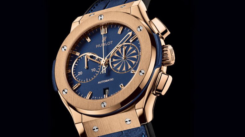 Hand-on Rose Gold Hublot Classic Fusion Mykonos 2013 Chronograph Blue Dial Replica Watch